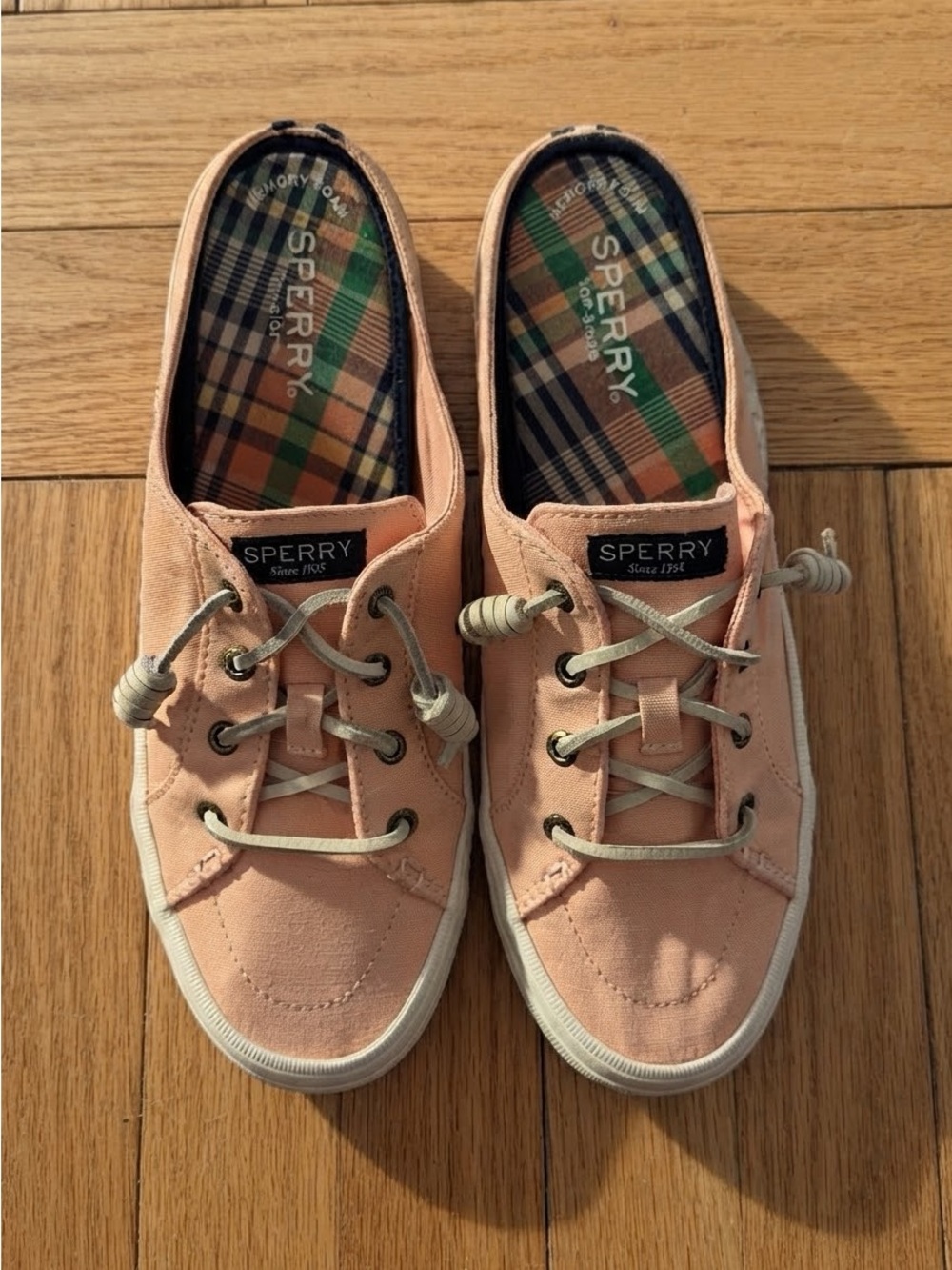 Sperry Peach Canvas Crest Vibe Slip On Mule Sneakers Memory Foam Sz 8
